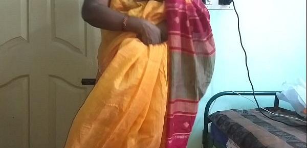  desi  indian horny tamil telugu kannada malayalam hindi cheating wife vanitha wearing orange colour saree  showing big boobs and shaved pussy press hard boobs press nip rubbing pussy masturbation